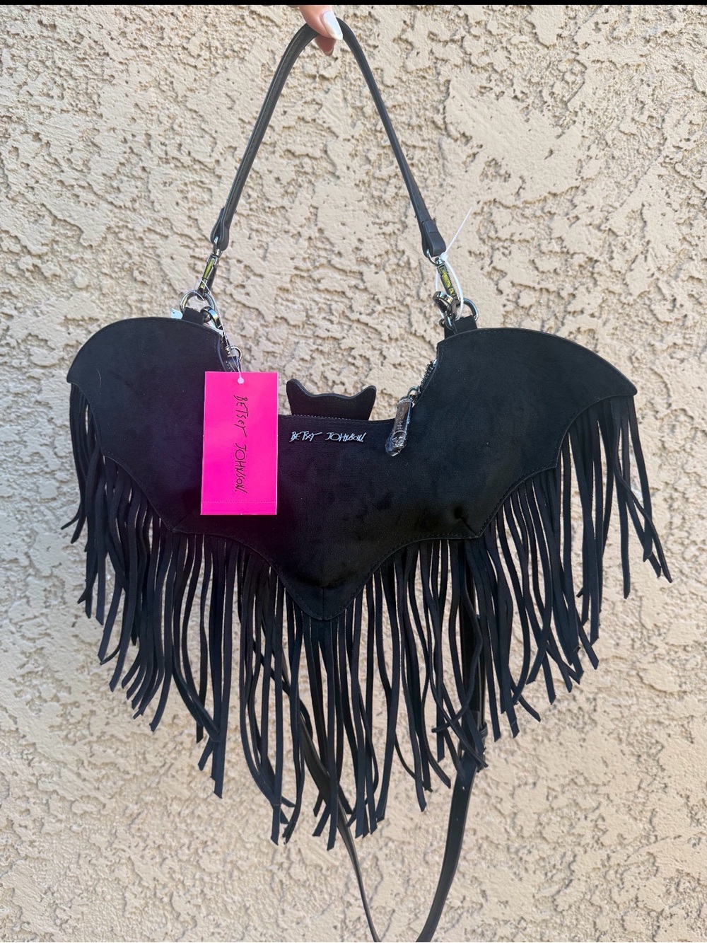 NWT Betsey Johnson Black Bat Wing Fringe Shoulder Bag